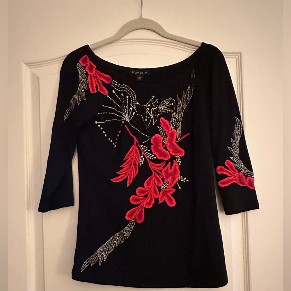Boston ProperBlack Top with Red Floral Beaded Design